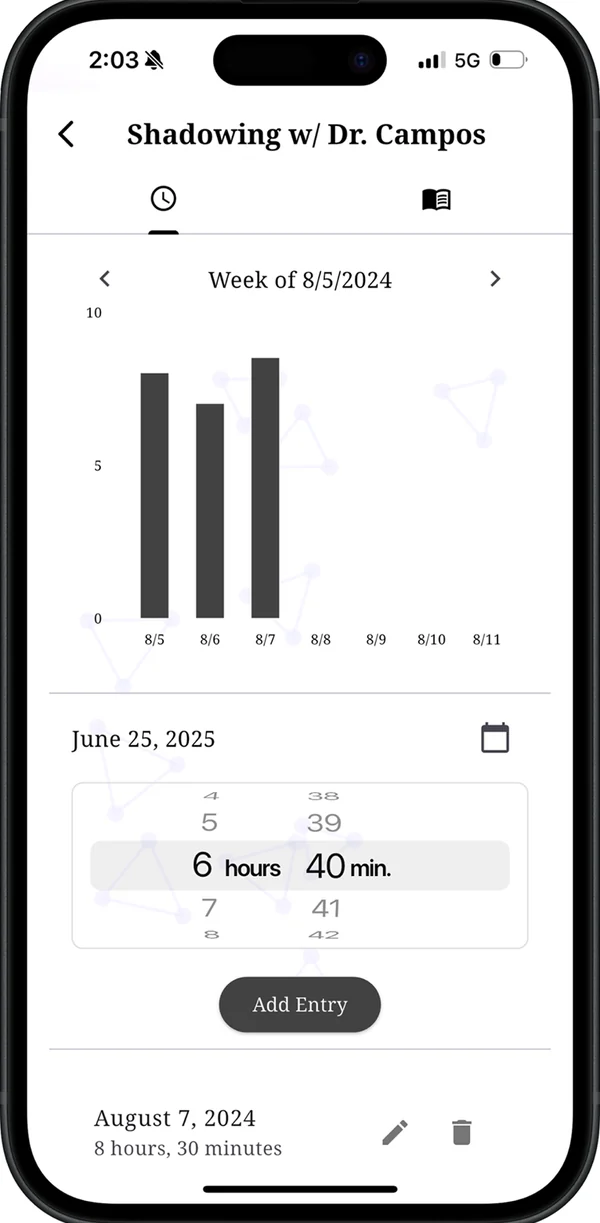 Logging hours for a shadowing experience: a weekly bar chart, a date, and an hours-and-minutes picker set to 6 hours 40 minutes.